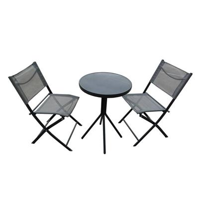 set de jardin 3 piezas mesa:acero y vidrio silla:acero y textilino