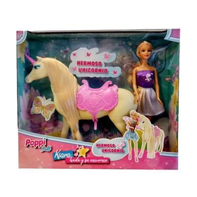 muñeca + unicornio con accesorios happy poppi doll