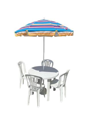 MESA CON 4 SILLAS + SOMBRILLA Y BASE