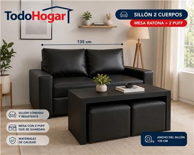 SILLON DE LIVING 2 CUERPOS CON MESA RATONA Y 2 PUFF