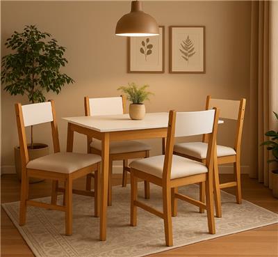 JUEGO DE COMEDOR MESA TULIP 120 + 4 SILLAS CATA TAPIZADAS