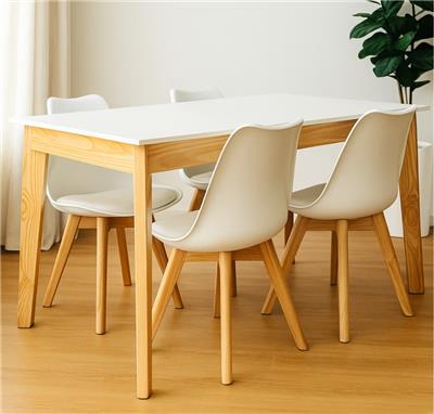 JUEGO DE COMEDOR 1.40 BLANCO MESA PATAS ESCANDINAVAS TAPA MELAMINA + 4 SILLAS TULIP BLANCO