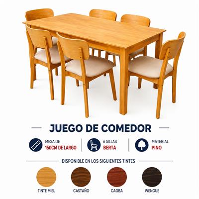 juego de comedor mesa fc 150cm + 6 sillas berta
