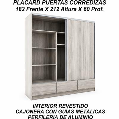 PLACARD DE MELAMINA PUERTAS CORREDIZAS LINEA PREMIUN CAJONES A LA VISTA 182 X 212 X 59 ABEDUL ORLAND